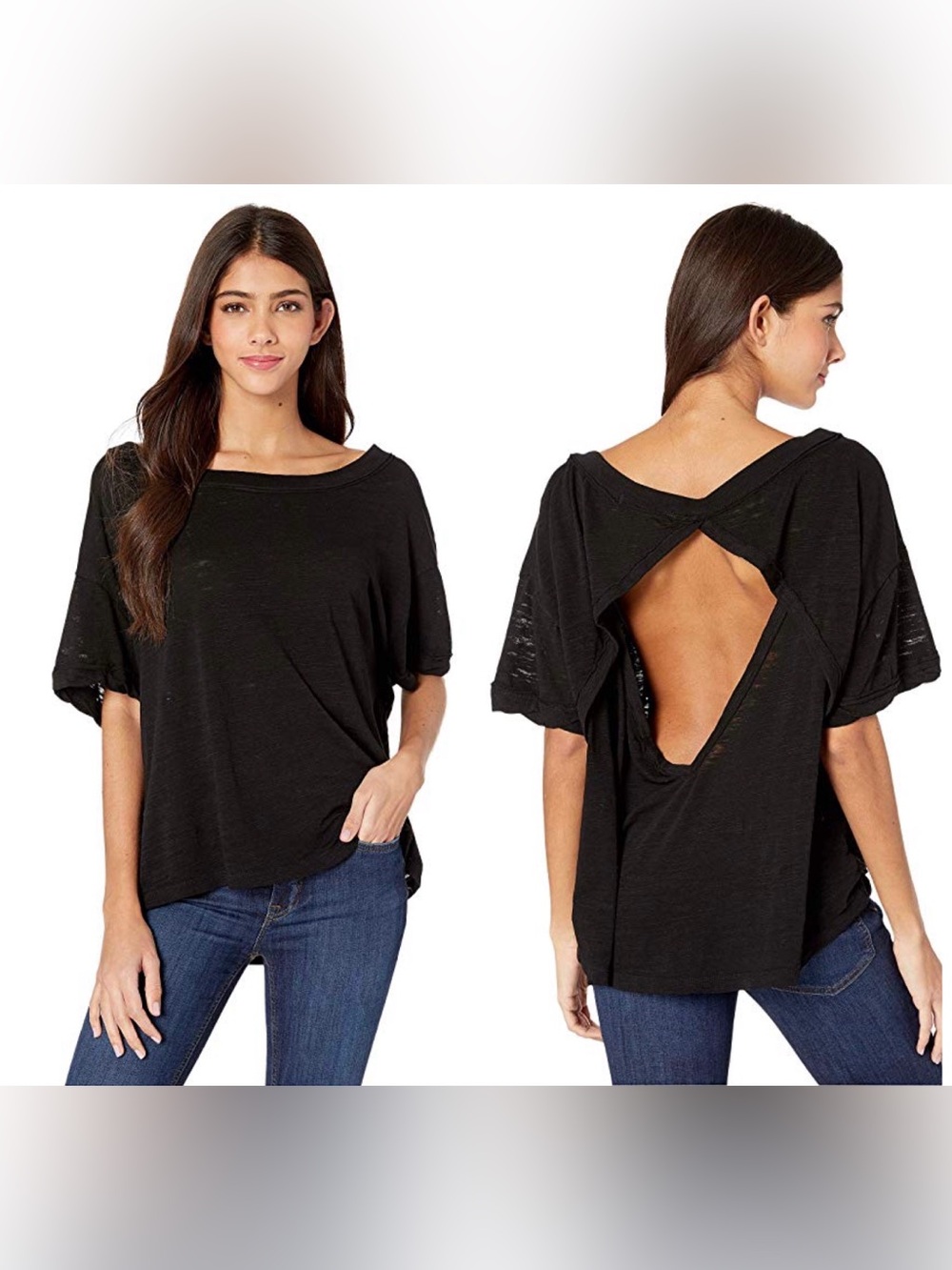 We The Free Black Short Sleeve Boatneck Top